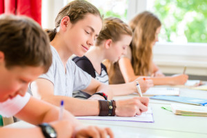 Students writing a test in school concentrating