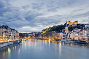 Saone river in Lyon city at evening